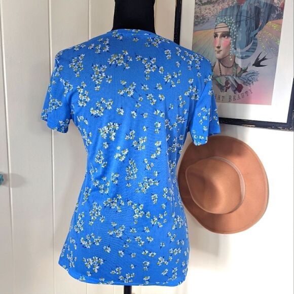 🌼 Halogen 🌼 Crewneck Mesh Blue Floral Top, sz M EUC - Picture 7 of 10